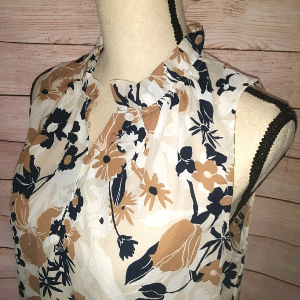 ATF Floral Ruffle Mock Neck 5 Button Blouse